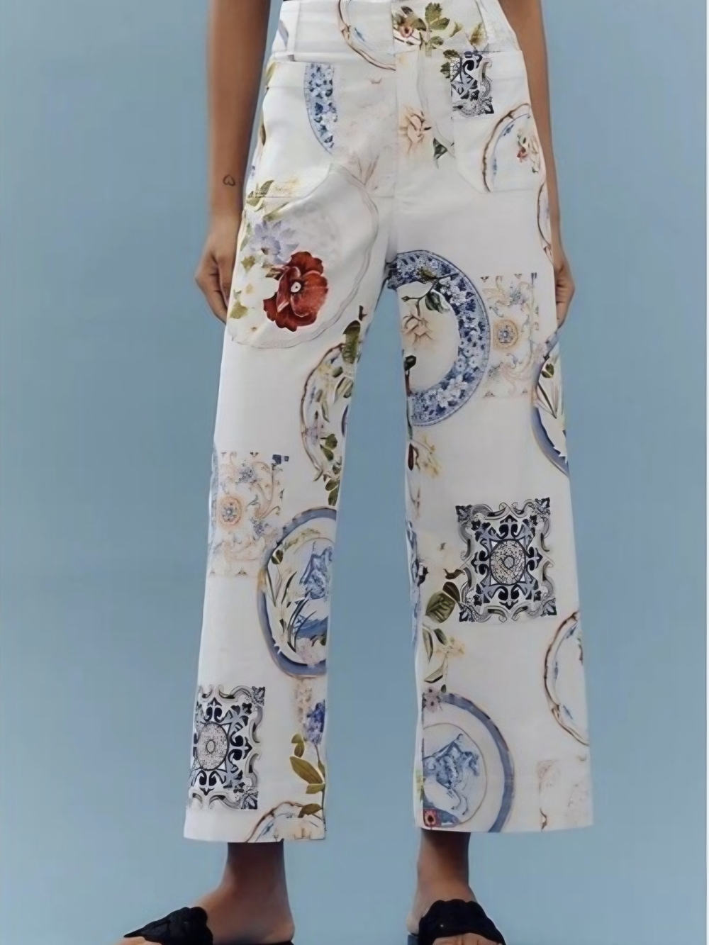 Anthropologie Colette Cropped Wide-Leg Pants Maeve Magic Fabric White Floral 26 - Picture 2 of 8